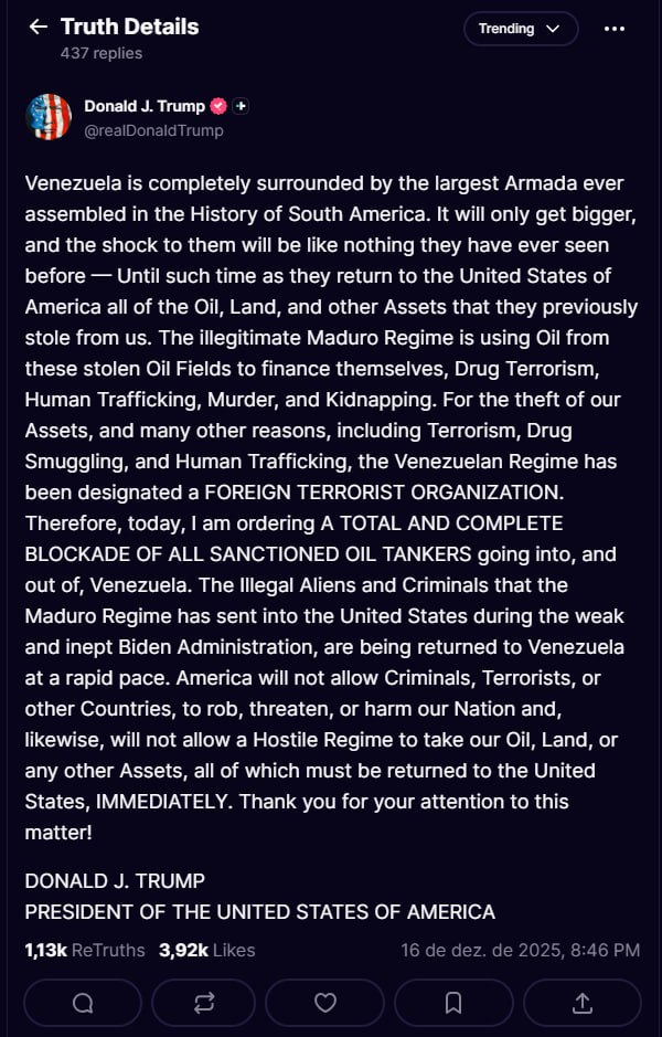 ट्रम्प ने वेनेजुएला को तेल भेजने वाले टैंकरों की नौसैनिक नाकाबंदी का आदेश दिया
