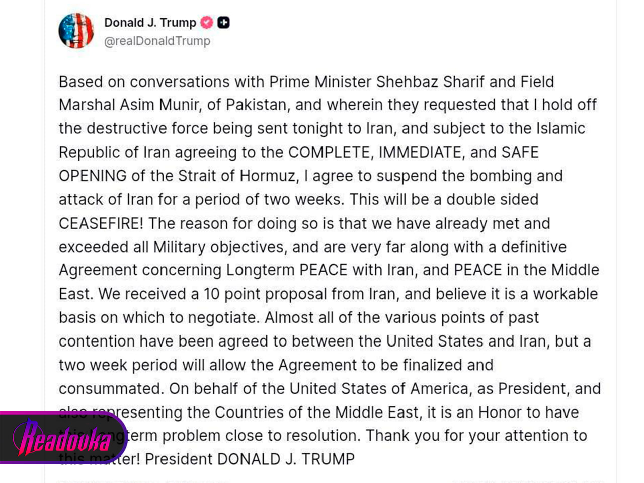 The United States and Iran have agreed on a two -- week ceasefire - talks will be held in Pakistan