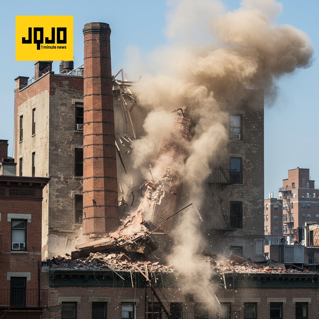 Une cheminée s'effondre sur un immeuble de New York après une explosion, projetant des débris sur une aire de jeux.