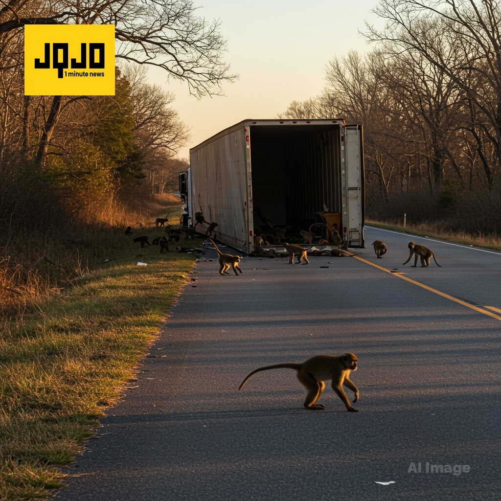 Un camion transportant des singes rhésus s'est renversé, causant un accident dangereux et la fuite d'animaux agressifs